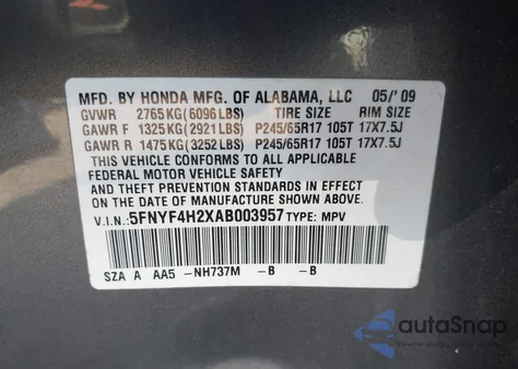 2010 Honda Pilot Lx from USA, damaged, VIN 5FNYF4H2XAB003957